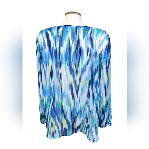 Chicos Womens 3 US XL Sheer Blouse Tunic Blue Tie Dye Stripe Keyhole Long Sleeve - Picture 4 of 7
